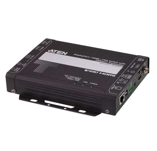 Aten VE3912T 4K DisplayPort / HDMI / VGA Switch with HDBaseT Transmitter, Auto Switch Mode, Mirrored Video Output, PoH Aten VE3912T 4K DisplayPort / HDMI / VGA Switch with HDBaseT Transmitter, Auto Switch Mode, Mirrored Video Output, PoH